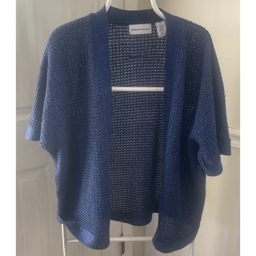 Alfred Dunner Women's Shimmering Cardigan Metallic Sapphire Open Front Size Lg